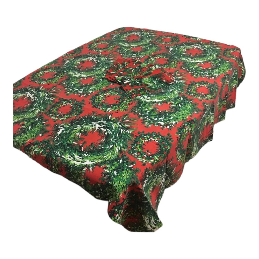 VTG Christmas 55" Tablecloth Napkins Set Wreath Holly Pine Springs Mills Fabric